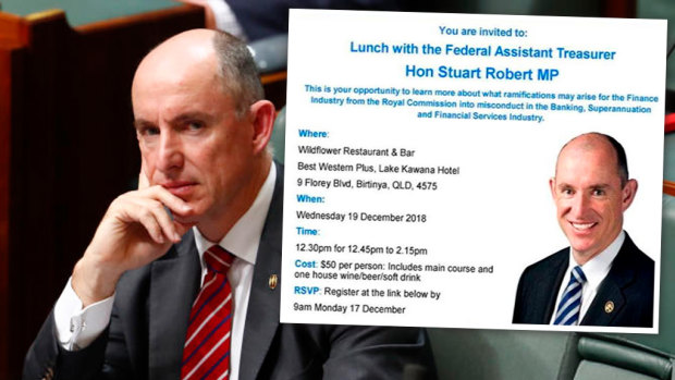 Assistant Treasurer Stuart Robert and the flyer promoting his appearance at a fundraiser about the royal commission. 