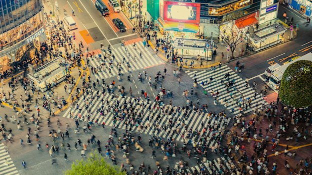 Individuals cross the road in a collective flow (kind of) in Tokyo.