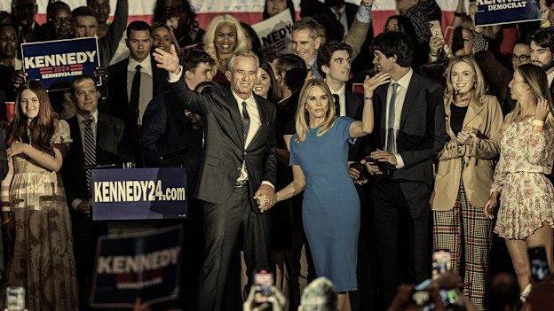 RFK Jr with wife Cheryl Hines after announcing his candidacy for president in April 2023.