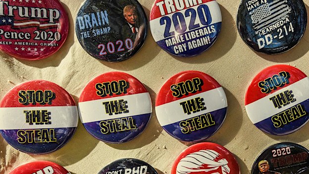 Badges for sale outside the Conservative Political Action Conference in Orlando, Florida in February 2021.