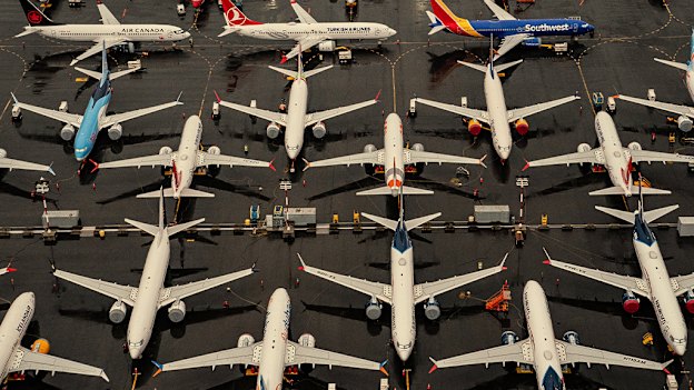 Boeing 737 Max planes parked in Seattle in 2020 after 20 months of grounding following two deadly crashes.