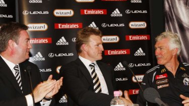 2007. All good friends. Captain Nathan Buckley announces his retirement with coach Mick Malthouse.