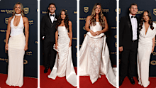 White trend on Dally M’s red carpet. L-R: Shaylee Bent; Kalyn Ponga and Mimi Bowell; Jessica Sergis; Blayke Brailey and Rebecca Brailey