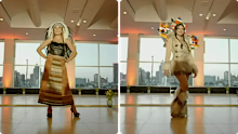 Two contestants wearing Indigenous-style outfits during Miss Universe Canada 2026