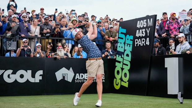 Cam Smith of Ripper GC tees off at LIV Adelaide.