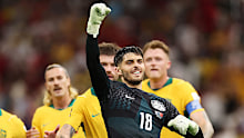 Patrick Beach celebrates the team's 2-0 victory over Türkiye.