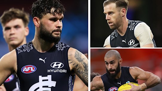 Carlton’s Zac Williams, Sam Docherty and Adam Saad.