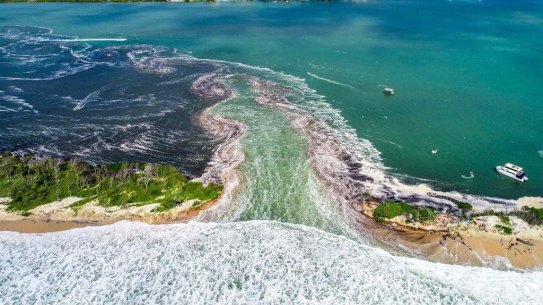 Aerial shot of Bribie Island’s breakthrough. Pic: Zane Jones / Caloundra Coast Guard