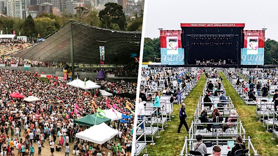 The Sidney Myer Music Bowl pre-COVID-19 (left) and the Virgin Money Unity Arena, which held "the UK's first socially distanced concert", with households divided into metal enclosures dotted around a field in front of the stage.
