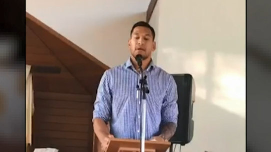 Wallabies star Israel Folau speaking about his battle with Rugby Australia in a Sunday church service.