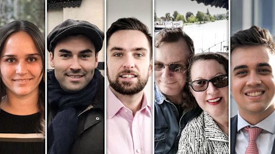 From left, Australians Camille Cross, Mochael Mizon, Mitch Malady, Tony and Sandy Chamberlain and Rohan Watt will be voting in the UK on December 12.