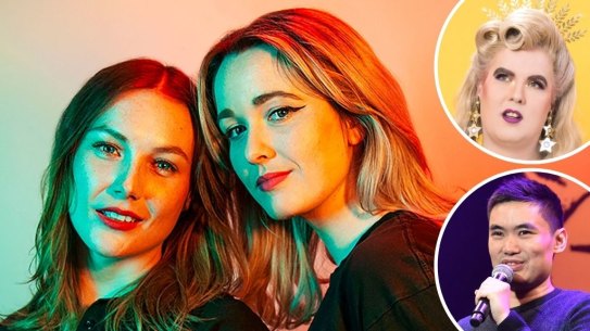 Melbourne International Comedy Festival acts: Annie and Lena (main), Anna Piper Scott (top right) and Patrick Golamco (bottom right).