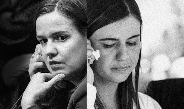 MP Kate Thwaites (left) inside Parliament House and Brittany Higgins outside, March 2021.