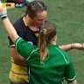 'Disgusting': RugbyWA's Rebecca Clough shows the referee what she alleged were bite marks on her arm.