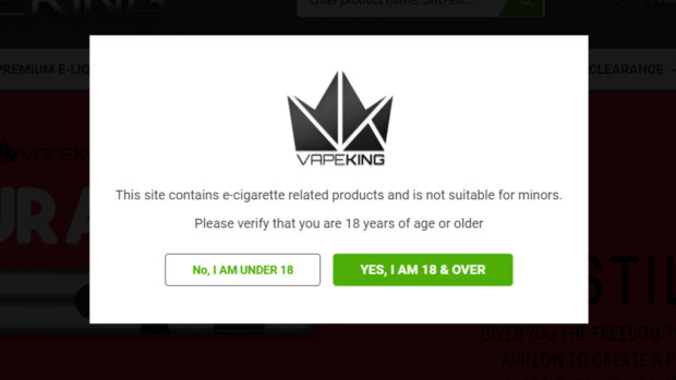 The Vapeking website checks your age by asking if you're under or over 18.
