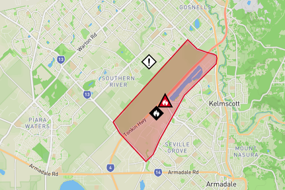 The bushfire emergency warning area in Perth’s south-east
