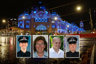 The four Victorian police officers killed in the Eastern Freeway crash, from left, Constable Josh Prestney, Leading Senior Constable Lynette Taylor, Senior Constable Kevin King and Constable Glen Humphris.