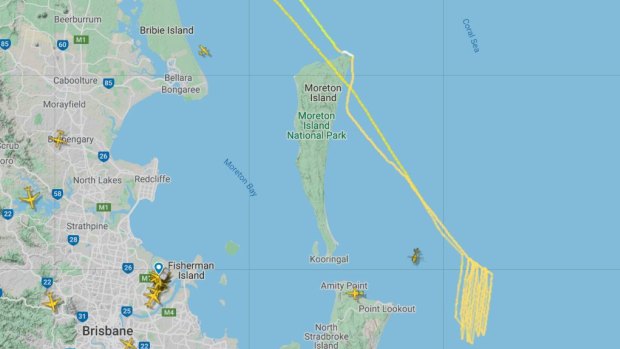 The flight path of a rescue helicopter involved in the search off Moreton Island on Thursday morning.