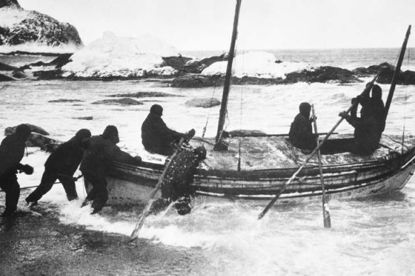 Shackleton’s rowing boat being launched from Elephant Island in 1916 to get help.