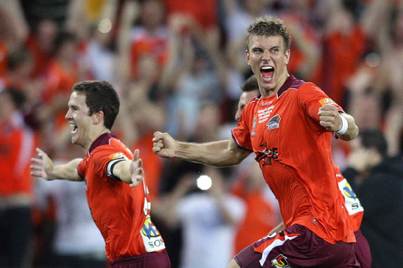 Eric Paartalu celebrates victory after Brisbane Roar's 2011 A-League grand final win.