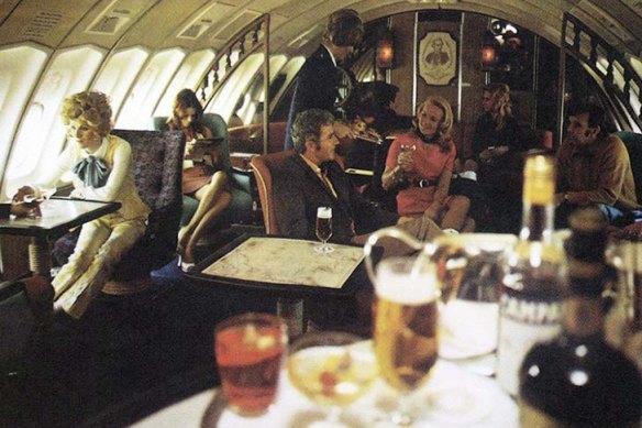 The interior of Captain Cook Lounge in a Qantas Boeing 747.