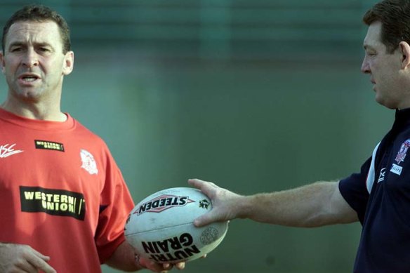 Ricky Stuart with Phil Gould at the Roosters in 2002.