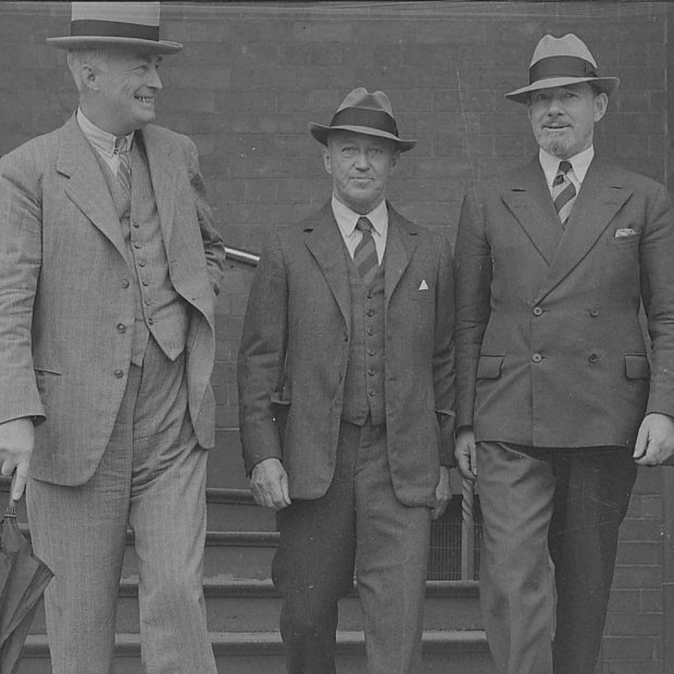 Polar explorers Sir Douglas Mawson, Lincoln Ellsworth and Sir Hubert Wilkins meet at The Australian Club in 1939.

