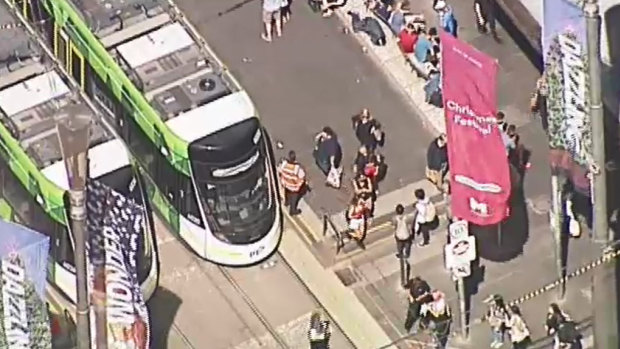 An aerial shot of the stopped trams 
