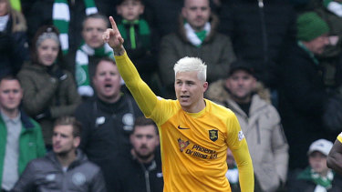Australia's Lyndon Dykes celebrates after scoring Livingston's second goal.