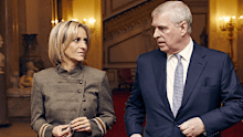 Emily Maitlis from BBC Newsnight walking with Prince Andrew ahead of their sit-down interview.
