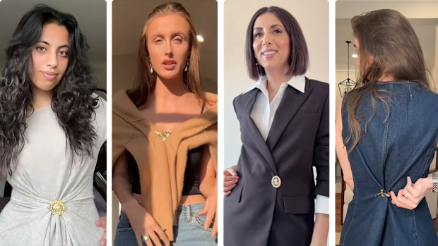 Content creators demonstrating how to style brooches: @alishamghl, @esmecarpenter, @TheStylistTwins, @ashleydianeevans