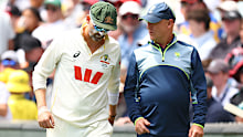 Nathan Lyon of Australia leaves the field.