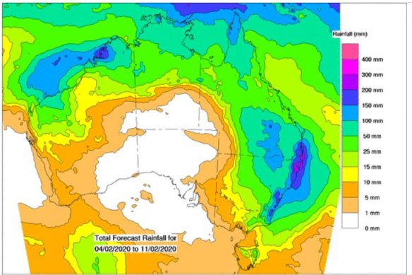 The eight-day forecast shows cumulative falls are likely to be the largest on the north-east NSW and south-east Queensland coast.