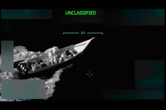 A US military image shows the craft attacked on September 2 in the Caribbean.