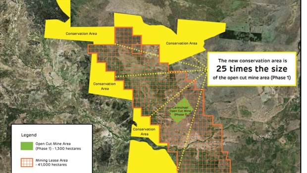 The yellow area shows the 33,000 hectares of land set aside as a conservation zone to protect the black-throated finch and other threatened species.