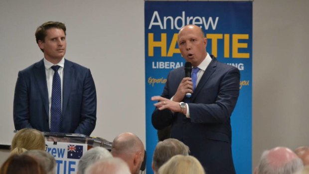 Canning MP Andrew Hastie and Home Affairs Minister Peter Dutton addressing a security forum in Mandurah on Monday evening. 