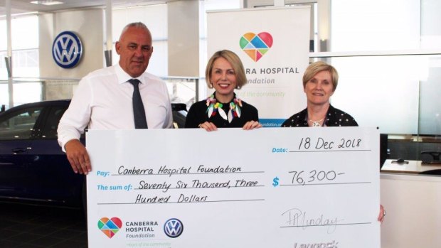 Peter Munday presenting a cheque to the Canberra Hospital Foundation.