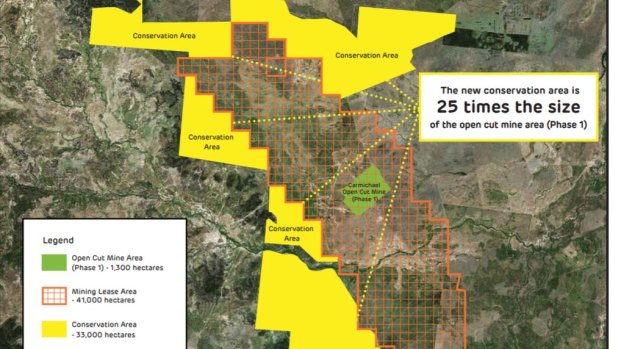 The yellow area shows the 33,000 hectares of land set aside as a conservation zone to protect the black-throated finch and other threatened species.