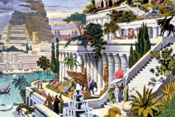 The Hanging Gardens of Babylon. A hand-coloured engraving probably from the 19th century after the first excavations in the Assyrian capital. It is believed the gardens did not hang, but grew on the roofs and terraces of the royal palace.