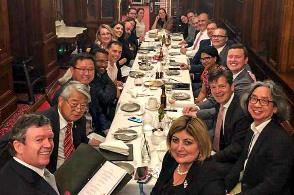 Allies Adem Somyurek and Kaushaliya Vaghela (next to each other in the centre of the right row) dine with other members of Victorian Labor’s Right caucus back in 2018. 