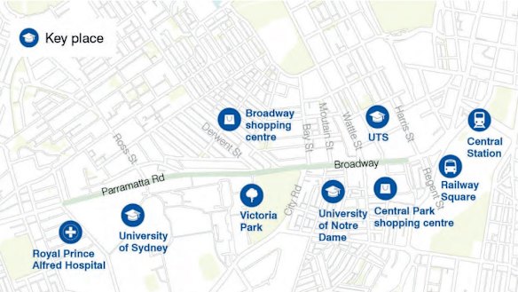 The City of Sydney’s plan to extend the light rail network down Broadway would connect Central Station with retail, education and medical hubs.