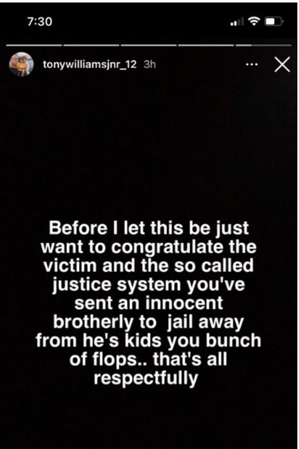 Tony Williams’ Instagram post supporting Jarryd Hayne.