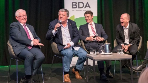 Odd man out: Tim Quinn, Jim Soorley and (right) Campbell Newman oppose the suggestion by Graham Quirk (second from right) for a Victoria Park stadium.