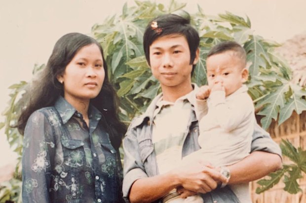 Sophea’s mother and father, Lonn Pin and Kim Chour Heng, with her older brother at the Khao I Dang refugee camp in Thailand 1980.