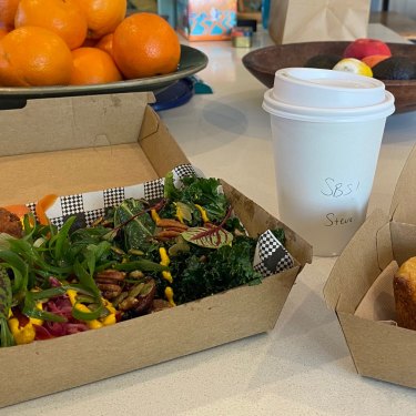 The veggie grain bowl with fried chicken, butterscotch latte, and Portuguese tart  from Kickaboom cafÃ© in Glenbrook.