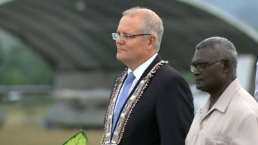 Prime Minister Scott Morrison with the Solomons Islands leader Manasseh Sogavare.
