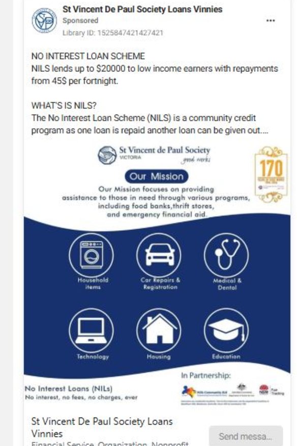 Another scam ad that ran on Facebook this month, impersonating the St Vincent de Paul Society.