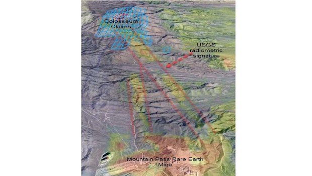 A map showing Dateline Resources’ Colosseum gold mine and rare earth project with identical radiometric signatures to the Mountain Pass rare earth mine 10 kilometres to the south.