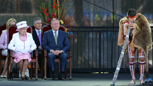 Queen Elizabeth ll and WA Premier Colin Barnett watch a Welcome to Country performance in Perth in 2011.