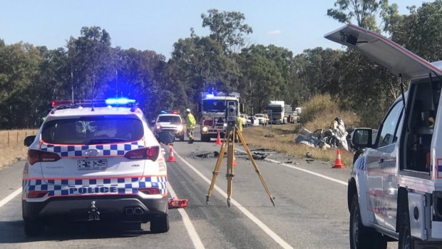 The scene at Elaroo, near Mackay, where a station wagon driver lost his life after a collision with a truck.